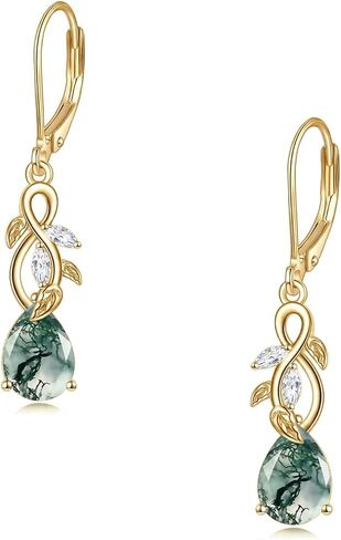 Natural Moss Agate Leverback Earrings Dangle 18k White/Rose/Gold Plated Infinity Leaf Jewelry Gift for Women Female Lover in Kuwait