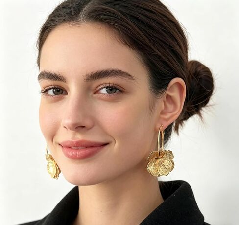 Boho Gold Flower Dangle Earrings for Women Bohemian Layered Petal Drop Earrings with Radiant Texture Hollow Out Floral Earrings French Hook Jewelry Gift for Mom Wife Birthday Anniversary Mother's Day in Kuwait