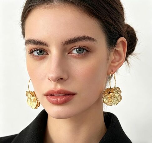 Boho Gold Flower Dangle Earrings for Women Bohemian Layered Petal Drop Earrings with Radiant Texture Hollow Out Floral Earrings French Hook Jewelry Gift for Mom Wife Birthday Anniversary Mother's Day in Kuwait
