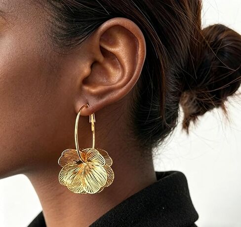 Boho Gold Flower Dangle Earrings for Women Bohemian Layered Petal Drop Earrings with Radiant Texture Hollow Out Floral Earrings French Hook Jewelry Gift for Mom Wife Birthday Anniversary Mother's Day in Kuwait