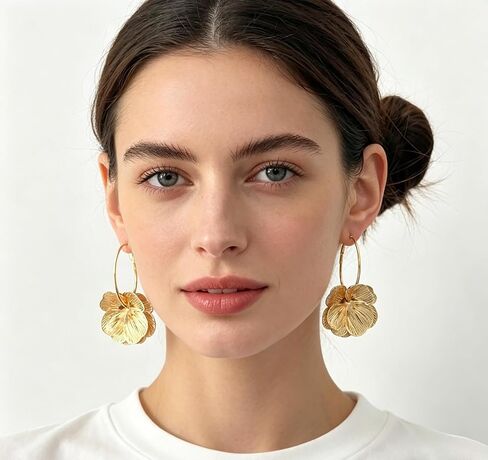 Boho Gold Flower Dangle Earrings for Women Bohemian Layered Petal Drop Earrings with Radiant Texture Hollow Out Floral Earrings French Hook Jewelry Gift for Mom Wife Birthday Anniversary Mother's Day in Kuwait