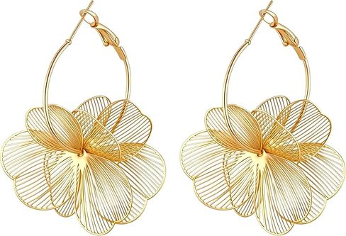 Boho Gold Flower Dangle Earrings for Women Bohemian Layered Petal Drop Earrings with Radiant Texture Hollow Out Floral Earrings French Hook Jewelry Gift for Mom Wife Birthday Anniversary Mother's Day in Kuwait