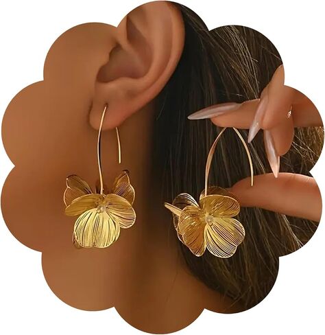 Boho Gold Flower Dangle Earrings for Women Bohemian Layered Petal Drop Earrings with Radiant Texture Hollow Out Floral Earrings French Hook Jewelry Gift for Mom Wife Birthday Anniversary Mother's Day in Kuwait