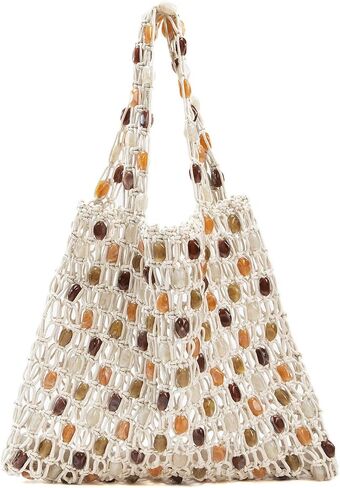 Crochet Shoulder Bag for Women Boho Beaded Hobo Bag Summer Beach Tote Handbag, Lightweight Knit Hobo Purse Handmade in Kuwait