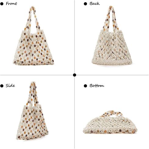 Crochet Shoulder Bag for Women Boho Beaded Hobo Bag Summer Beach Tote Handbag, Lightweight Knit Hobo Purse Handmade in Kuwait