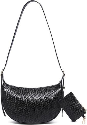 Purses for Women Woven Crescent Shoulder Bag 2PC Vegan Leather Hobo Crossbody Handbag with Small Matching Bag in Saudi Arabia