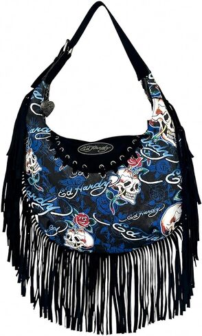 ED HARDY حقيبة كتف هوبو على شكل جمجمة وردية هامشية مرصعة بالدانتيل ومحفظة شرابة مقاس 14.5 × 10 بوصة in Kuwait