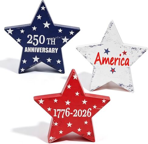 DPKOW 250th Anniversary American Table Decorations 4th of July Party Favors, 3 Red White Blue Wooden Star Plaque Patriotic Decorations Fourth of July Table Decor Memorial Day Sign, Double-Sided Design in Saudi Arabia