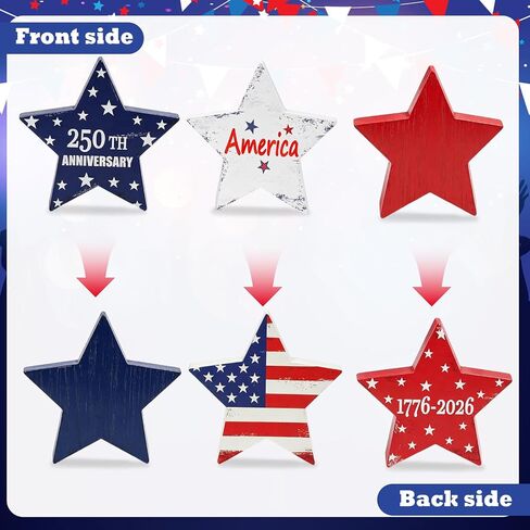 DPKOW 250th Anniversary American Table Decorations 4th of July Party Favors, 3 Red White Blue Wooden Star Plaque Patriotic Decorations Fourth of July Table Decor Memorial Day Sign, Double-Sided Design in Saudi Arabia