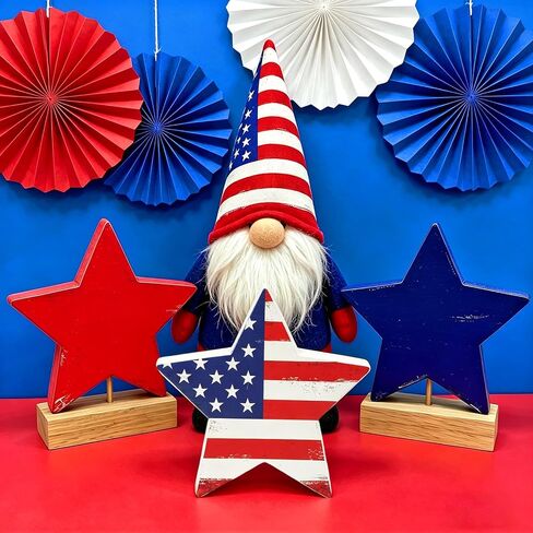 DPKOW 250th Anniversary American Table Decorations 4th of July Party Favors, 3 Red White Blue Wooden Star Plaque Patriotic Decorations Fourth of July Table Decor Memorial Day Sign, Double-Sided Design in Saudi Arabia