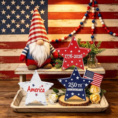 DPKOW 250th Anniversary American Table Decorations 4th of July Party Favors, 3 Red White Blue Wooden Star Plaque Patriotic Decorations Fourth of July Table Decor Memorial Day Sign, Double-Sided Design in Saudi Arabia