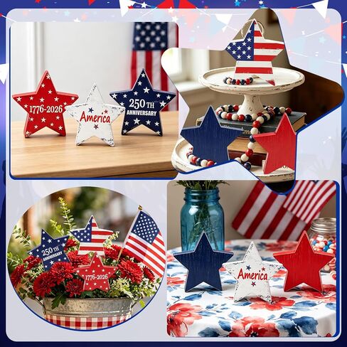 DPKOW 250th Anniversary American Table Decorations 4th of July Party Favors, 3 Red White Blue Wooden Star Plaque Patriotic Decorations Fourth of July Table Decor Memorial Day Sign, Double-Sided Design in Saudi Arabia