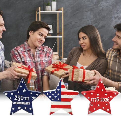 DPKOW 250th Anniversary American Table Decorations 4th of July Party Favors, 3 Red White Blue Wooden Star Plaque Patriotic Decorations Fourth of July Table Decor Memorial Day Sign, Double-Sided Design in Saudi Arabia