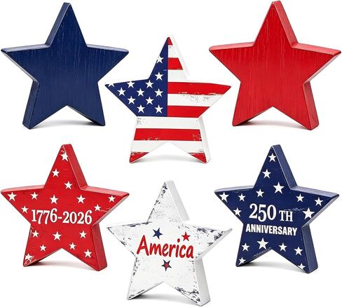 DPKOW 250th Anniversary American Table Decorations 4th of July Party Favors, 3 Red White Blue Wooden Star Plaque Patriotic Decorations Fourth of July Table Decor Memorial Day Sign, Double-Sided Design in Saudi Arabia