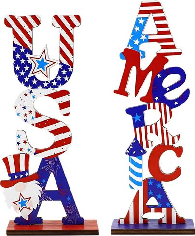 2 Pcs Patriotic Table Decorations, 4th of July Wooden Table Centerpiece Signs, Patriotic Wooden Tables Signs, Memorial Day Decorations, Independence Day Decor for Home School Classroom Farmhouse in Saudi Arabia