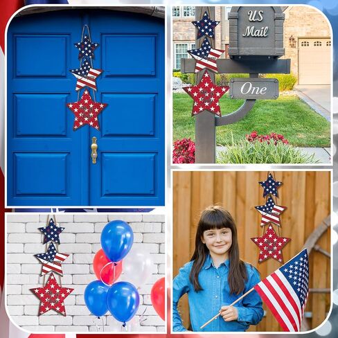 4th of July Decorations Patriotic Decor Star Wreath Hanging Sign Wooden Red White Blue Wreaths for Front Door Decorations for Memorial Day 250th Anniversary Fourth of July Porch Wall Indoor Home Decor in Saudi Arabia