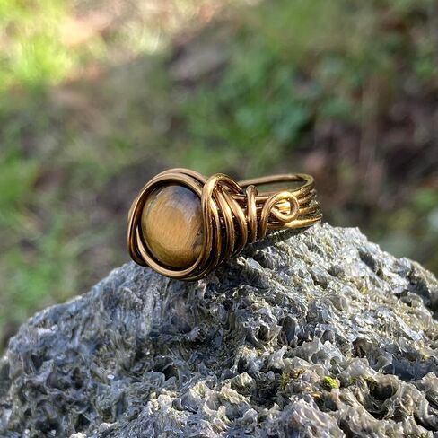 Tigers Eye Ring in Antique Brass Thick Band Real Crystal Jewelry for Woman Teens Earthy boho in Kuwait