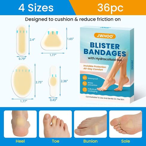 Blister Bandages for Feet - 36 Pcs Hydrocolloid Blister Bandages, Waterproof Blister Pads Blister Cushions for Feet Toes Heels Blister Prevention & Recovery (4 Shape Variety Pack) in Saudi Arabia