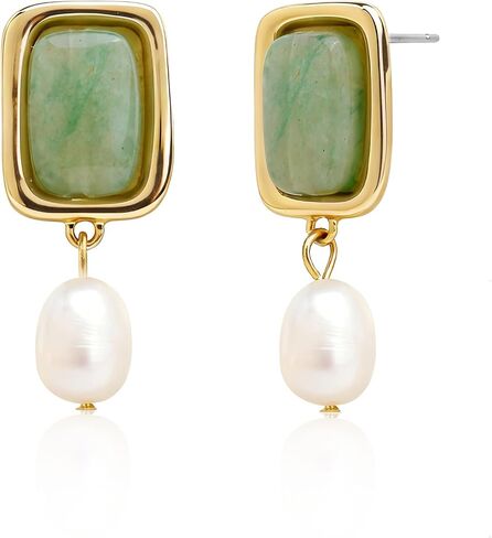 Sonateomber Gold Chunky Green Dangle Drop Earrings for Women,Dainty Pearl Statement Square Aventurine Natural Gemstone Healing Dangling Earings Prom Wedding Accessories Fashion Jewelry Gift in Kuwait