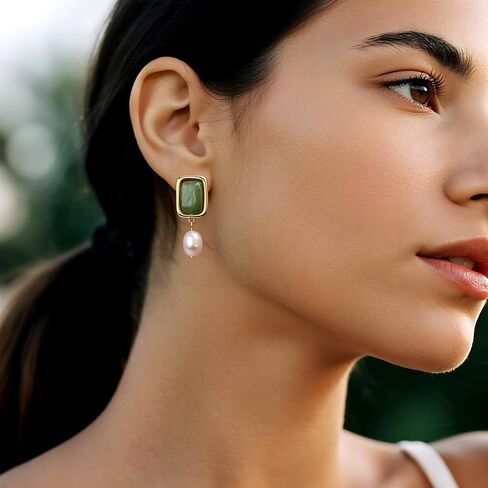 Sonateomber Gold Chunky Green Dangle Drop Earrings for Women,Dainty Pearl Statement Square Aventurine Natural Gemstone Healing Dangling Earings Prom Wedding Accessories Fashion Jewelry Gift in Kuwait