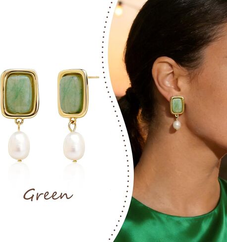 Sonateomber Gold Chunky Green Dangle Drop Earrings for Women,Dainty Pearl Statement Square Aventurine Natural Gemstone Healing Dangling Earings Prom Wedding Accessories Fashion Jewelry Gift in Kuwait