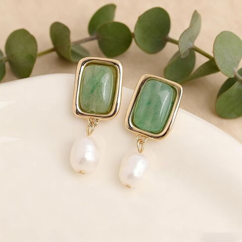 Sonateomber Gold Chunky Green Dangle Drop Earrings for Women,Dainty Pearl Statement Square Aventurine Natural Gemstone Healing Dangling Earings Prom Wedding Accessories Fashion Jewelry Gift in Kuwait