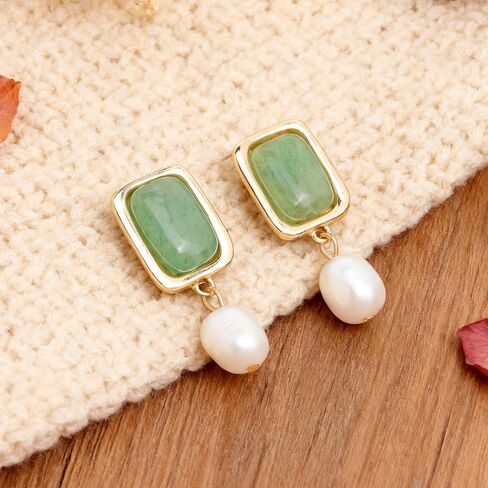 Sonateomber Gold Chunky Green Dangle Drop Earrings for Women,Dainty Pearl Statement Square Aventurine Natural Gemstone Healing Dangling Earings Prom Wedding Accessories Fashion Jewelry Gift in Kuwait