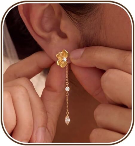 Gold Drop Earrings for Women,14k Gold Plated CZ Dangle Earring Studs Dainty Flower Drop Earring Studs Long Chain Statement Unique Wedding Earrings for Women Trendy Bridal Jewelry Fashion Accessories in Saudi Arabia