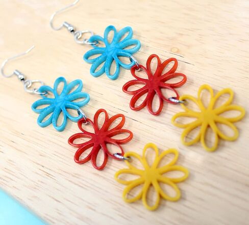 Tagua Earrings Trio of Flowers in Turquoise, Orange and Yellow, Handmade, Fair Trade, Lightweight in Kuwait