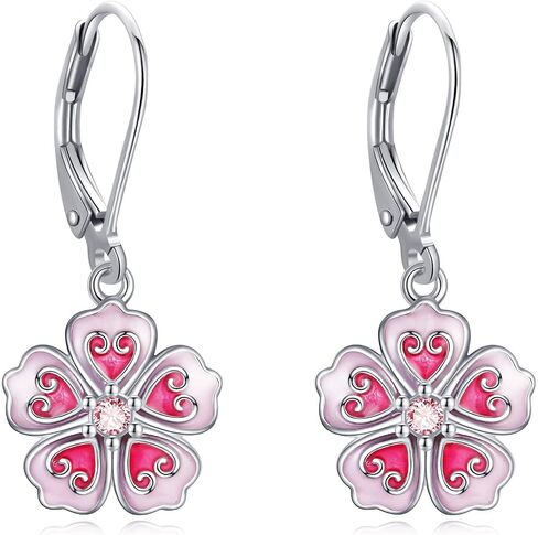 Cherry Blossom/Rose Earrings for Women 925 Sterling Silver Flower Leverback Earrings Dangle Drop Flower Jewelry in Saudi Arabia