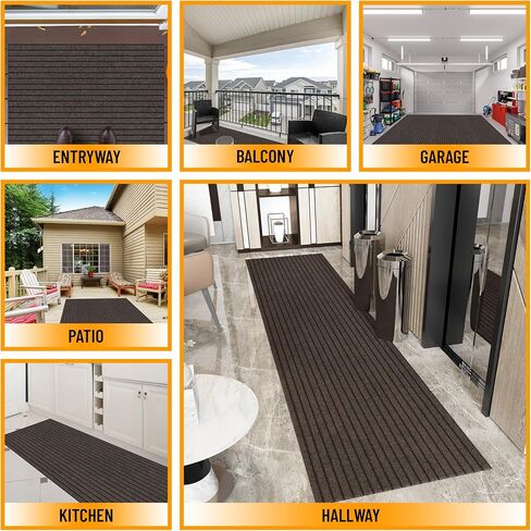 Ottomanson 2' x 12' Hallway Runner with Scraper Pile Extra Durable Non-Slip Rug Mat for Indoor & Outdoor Use - Ideal for Kitchen, Entryway, Patio & Garage - High-Traffic Carpet, Brown in Kuwait
