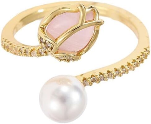Dainty CZ Tulip Flower Stacking Adjustable Ring for Women 14K Gold Plated Shell Pearl Rose Wedding Promise Expandable Open Wrap Rings Comfort Fit Elegant Engagement Birthday Jewelry Gift in Kuwait