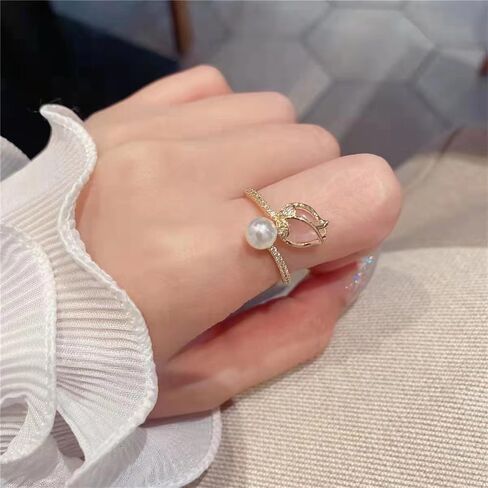 Dainty CZ Tulip Flower Stacking Adjustable Ring for Women 14K Gold Plated Shell Pearl Rose Wedding Promise Expandable Open Wrap Rings Comfort Fit Elegant Engagement Birthday Jewelry Gift in Kuwait