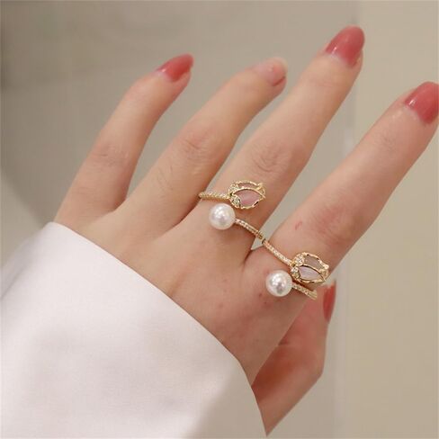 Dainty CZ Tulip Flower Stacking Adjustable Ring for Women 14K Gold Plated Shell Pearl Rose Wedding Promise Expandable Open Wrap Rings Comfort Fit Elegant Engagement Birthday Jewelry Gift in Kuwait