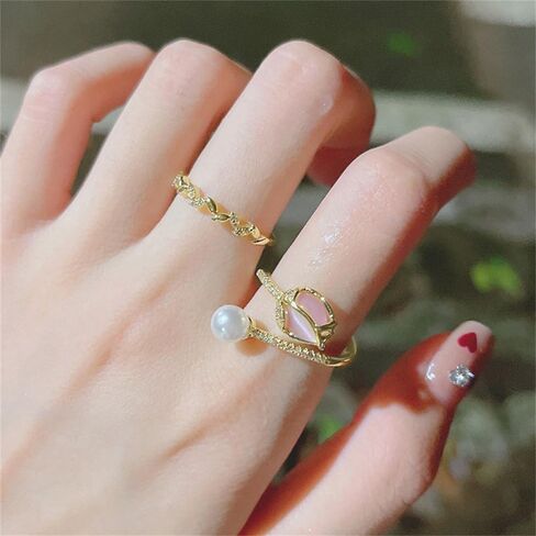 Dainty CZ Tulip Flower Stacking Adjustable Ring for Women 14K Gold Plated Shell Pearl Rose Wedding Promise Expandable Open Wrap Rings Comfort Fit Elegant Engagement Birthday Jewelry Gift in Kuwait