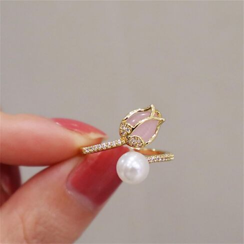 Dainty CZ Tulip Flower Stacking Adjustable Ring for Women 14K Gold Plated Shell Pearl Rose Wedding Promise Expandable Open Wrap Rings Comfort Fit Elegant Engagement Birthday Jewelry Gift in Kuwait