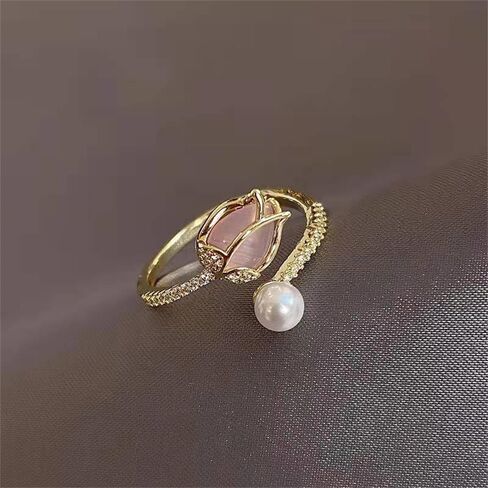 Dainty CZ Tulip Flower Stacking Adjustable Ring for Women 14K Gold Plated Shell Pearl Rose Wedding Promise Expandable Open Wrap Rings Comfort Fit Elegant Engagement Birthday Jewelry Gift in Kuwait