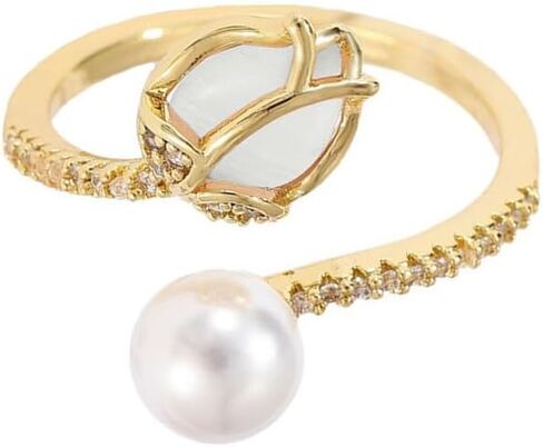 Dainty CZ Tulip Flower Stacking Adjustable Ring for Women 14K Gold Plated Shell Pearl Rose Wedding Promise Expandable Open Wrap Rings Comfort Fit Elegant Engagement Birthday Jewelry Gift in Kuwait