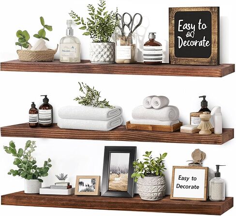 Floating Wall Shelves 3-Pack - 24-Inch Rustic Brown Wooden Shelves for Storage and Décor, Easy Installation for Living Room, Bedroom, and Kitchen in Saudi Arabia