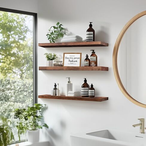 Floating Wall Shelves 3-Pack - 24-Inch Rustic Brown Wooden Shelves for Storage and Décor, Easy Installation for Living Room, Bedroom, and Kitchen in Saudi Arabia