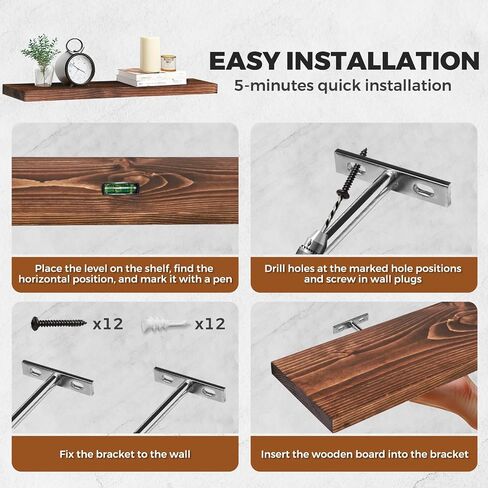 Floating Wall Shelves 3-Pack - 24-Inch Rustic Brown Wooden Shelves for Storage and Décor, Easy Installation for Living Room, Bedroom, and Kitchen in Saudi Arabia