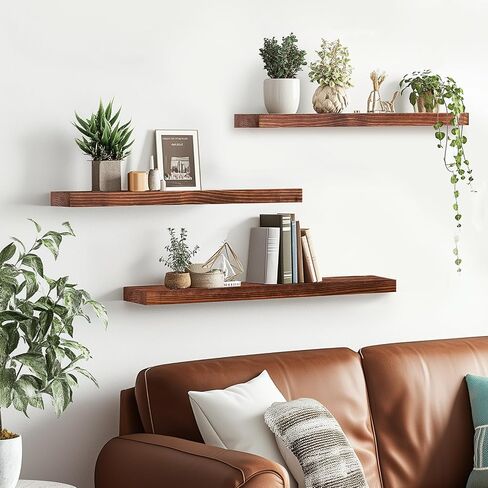 Floating Wall Shelves 3-Pack - 24-Inch Rustic Brown Wooden Shelves for Storage and Décor, Easy Installation for Living Room, Bedroom, and Kitchen in Saudi Arabia