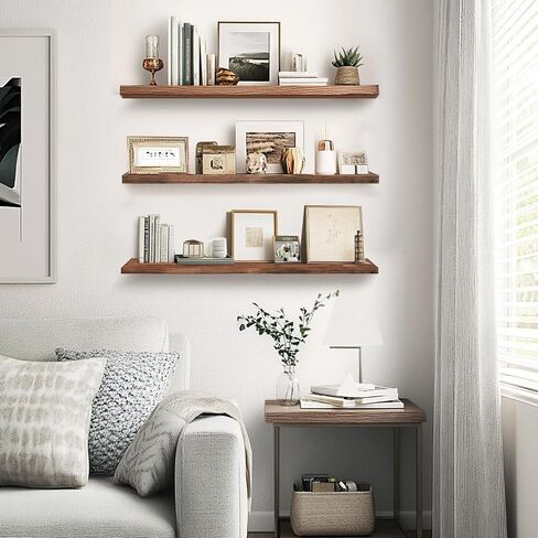 Floating Wall Shelves 3-Pack - 24-Inch Rustic Brown Wooden Shelves for Storage and Décor, Easy Installation for Living Room, Bedroom, and Kitchen in Saudi Arabia