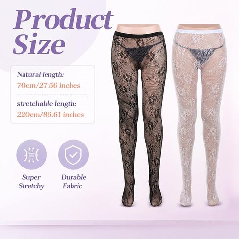 2 Pairs Tights for Women High Waist Fishnet Stockings Lace Leggings, Black Lace Pantyhose, Stretchy Laces White Tights for Women in Kuwait