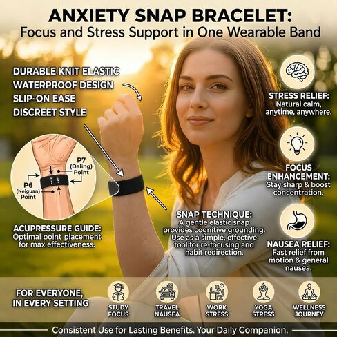 Anxiety Snap Bracelet for Focus and Stress Support – Acupressure Wristband with Snap Technique – Stretch Knit Elastic Band for Calming Habits and Sensory Support (XL 9) in Saudi Arabia