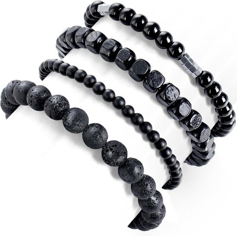 Mens Bracelets Black Beaded Wrist Jewelry Set 4 Pcs in Saudi Arabia