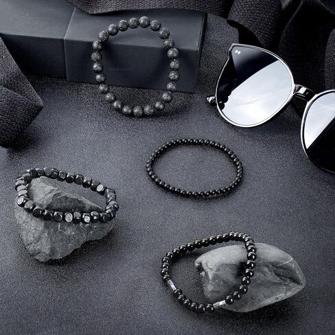 Mens Bracelets Black Beaded Wrist Jewelry Set 4 Pcs in Saudi Arabia