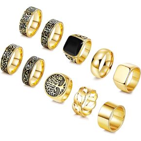 10 Pcs Stainless Steel Vintage Signet Rings for Men Square Pinky Thumb Chunky Ring Retro Carving Celtic Band Rings Cuban Link Chain Ring Vintage Biker Band Rings Set, Size 7-13 in Saudi Arabia