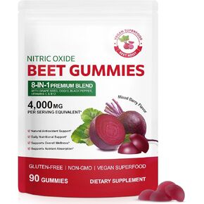 Beet Root Gummies – 8 in 1 Beet Root Extract with CoQ10, Grapeseed Extract & Vitamin B12, 90 Chews for Blood Pressure, Heart Health, Energy & Nitric Oxide Support, No Sugar in Saudi Arabia