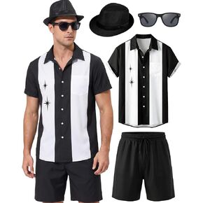 WILDPARTY Men's Matching Set, 1950s Retro Bowling Shirt and Shorts With Hat Glasses Vacation Beach Party Outfit Summer in Saudi Arabia